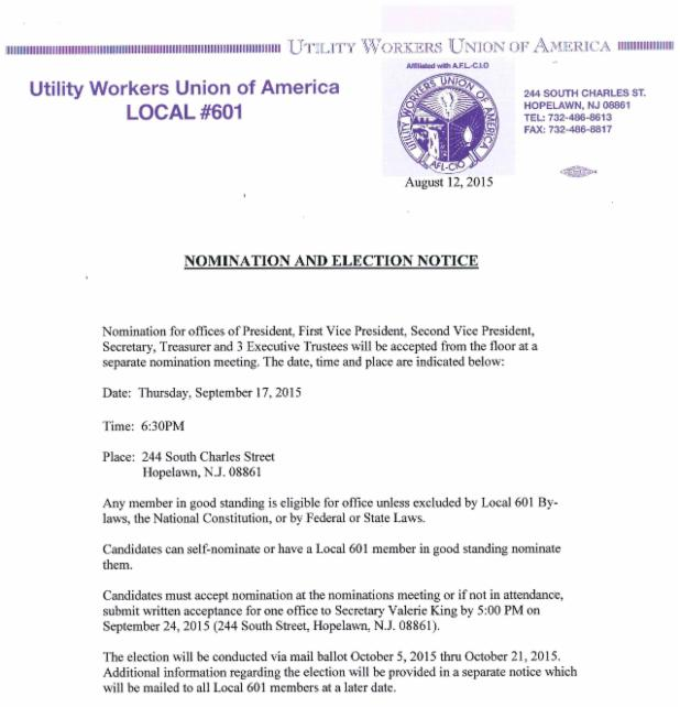 UWUA Local 601 Nomination and Election Notice